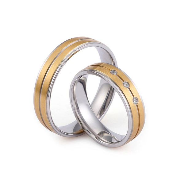 

wedding rings gold color stainless steel couple + cubic zirconia for women men anniversary alliance jewelry, Slivery;golden
