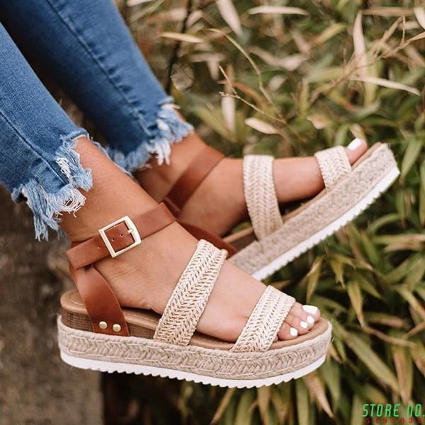 

sandals summer platform shoes casual women plus size buckle strap gladiator thick soled open toe straw weaving, Black