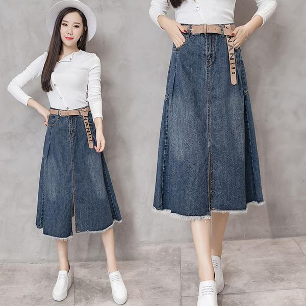 

skirts nantersan women jeans denim skirt blue high waist a line midi casual office lady long, Black