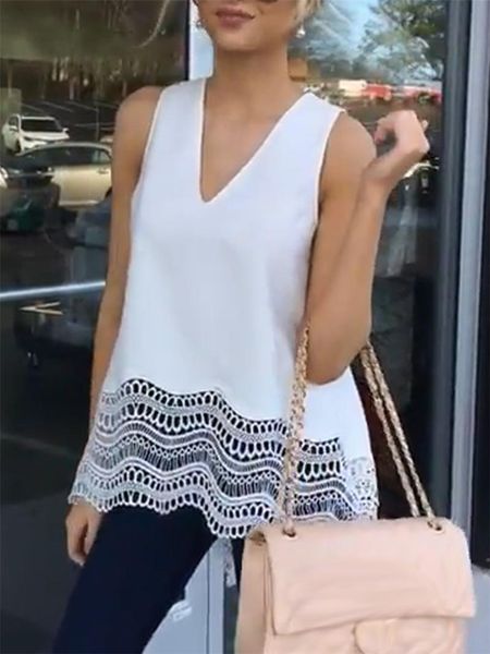

women's tanks & camis v-neck tank women lace splice tee sleeveless 2021 summer loose vest casual female lady white black