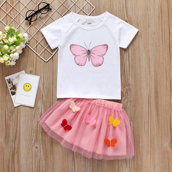 

girls clothing sets butterfly print cartoon short t shirt with tutu mesh skirt summer beach suits for baby, White