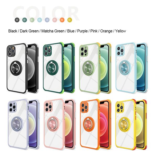 Doppelte Ringhalterung, klare Acryl-stoßfeste Hüllen für iPhone 13 Pro Max 12 Mini 11 XR XS 6 7 8 Plus Samsung S21 Ultra Candy Color Magnetische Autohalterung Rückseite