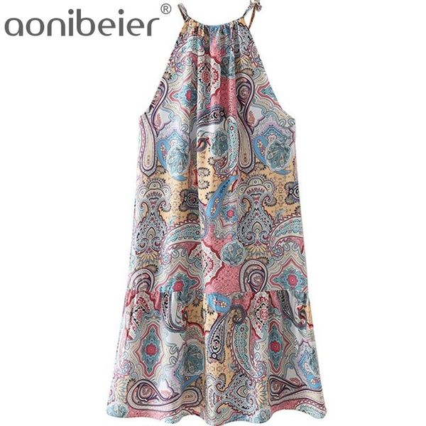 Vintage paisley impressão verão sem mangas laço alto pescoço mulheres mini vestido boho casual solto feminino halter sundress 210604