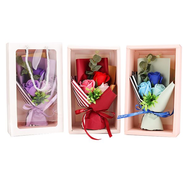 Handmade 3 pcs Rosa Artificial sabão decorativo flores buquê mães dia dos namorados presentes de aniversário casamento decoração de flor com caixa de presente