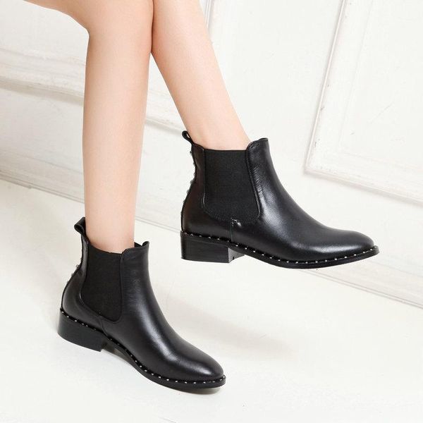

boots 100% cow leather low heels dress party shoes woman fashion rivets short women ankle size 40 41, Black