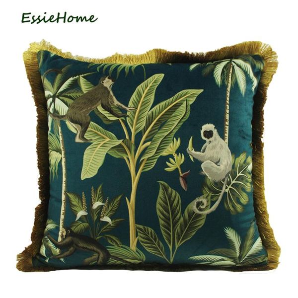 

tropical plants palm leaves animal pattern monkey digital print velvet cushion cover pillow case with gold tassel cushion/decorative