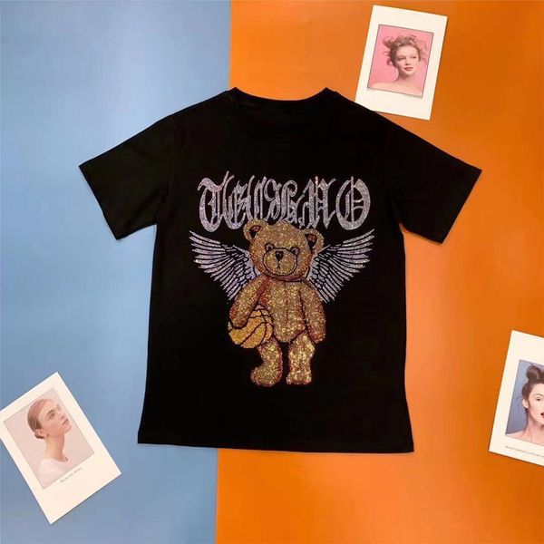 

women's t-shirt 2021 short-sleeve female summers pure high-quality cotton diamond angel bear casual street fashion shirt trend, White
