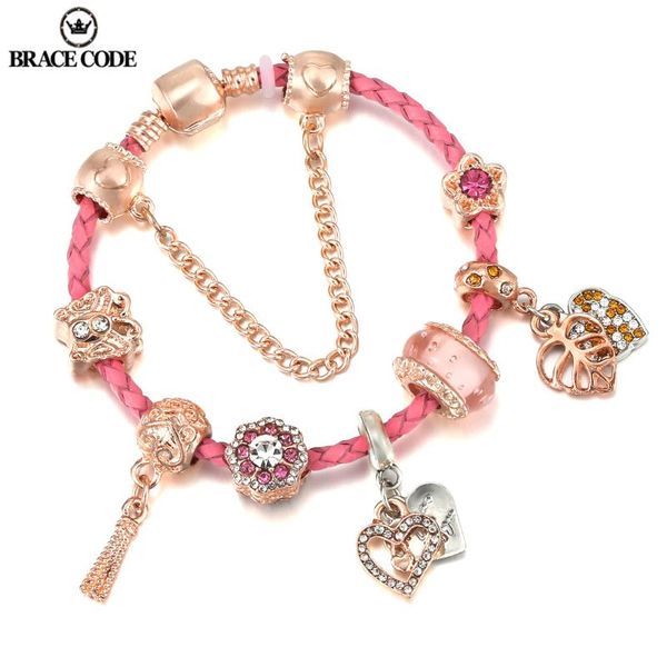 

charm bracelets two-tone pink braided leather ladies bracelet with rose gold beads fine girl wedding party gift, Golden;silver