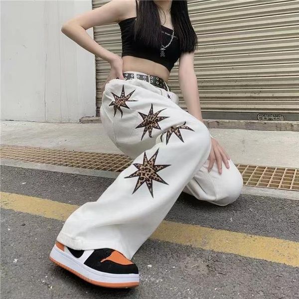 

five pointed star letter womens jeans printed summer hip hop street loose straight leg pants gothic oversized trousers, Blue