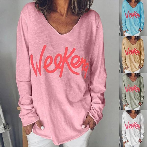 

women's t-shirt weekend letter print autumn fall women long sleeve t shirts fashion casual retro pullovers v neck oversize female, White