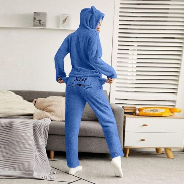

women's two piece pants 2021 women 2 set solid hooded o-neck pullover + long suits pajamas hip beard letter print cat ear homewear, White