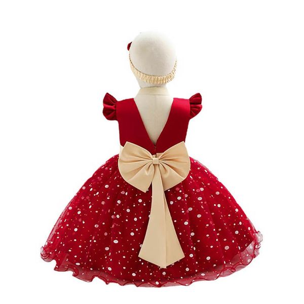 

1st birthday dress for baby girls dresses girl beaded bow lace princess skirt flower bows headbands 2pcs wedding infant wear sequin kids clo, Red;yellow