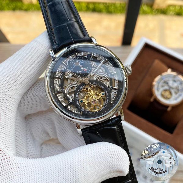 

wristwatches luxury men stainless steel automatic mechanical rose gold leather black tourbillon moonphase skeleton sapphire watch, Slivery;brown