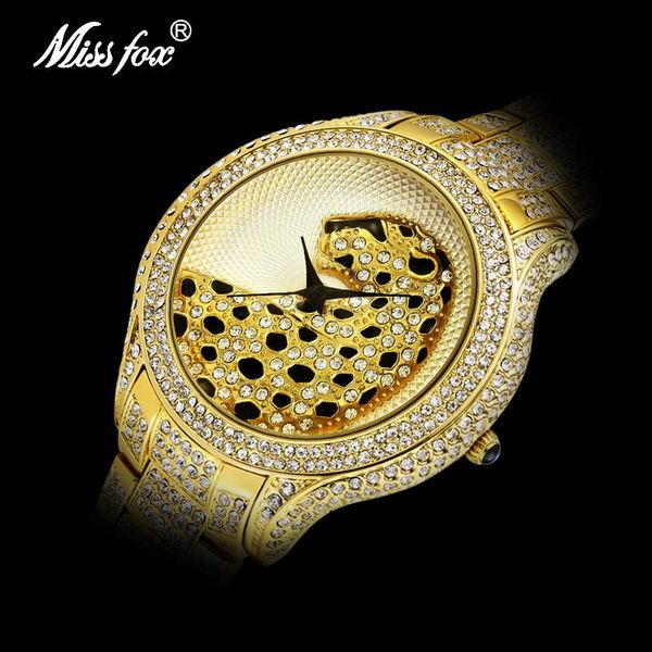 

wristwatches drop 2021 missfox 3d leopard wrist watch golden plating diamond watches for men round quartz clock with box, Slivery;brown