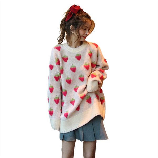 

for women fashion loose womens sweaters sweet lazy retro japanese o neck strawberry print long sleeve sweater pullover autumn one, White;black