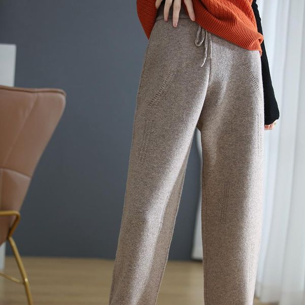 

women's pants & capris cashmere ladies high waist trousers autumn/ winter warm knitted wide-leg foot solid color large size, Black;white