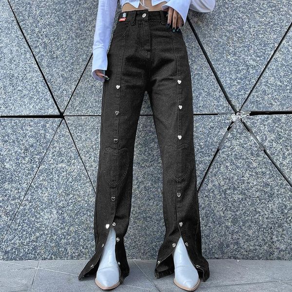 

straight jeans side split women clothing trendy slouchy snap button pants wide leg denim trousers female fashion pantacourt 2021 women', Blue