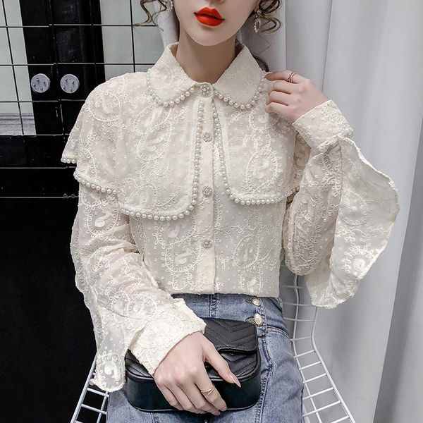 

women's blouses & shirts vintage pear brim shawl single-breasted lace sleeved, White