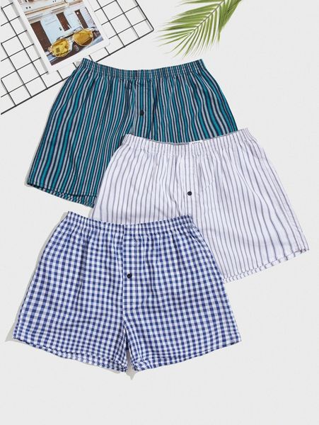 

men 3pcs gingham & striped print pj shorts p4g2#, Black;brown