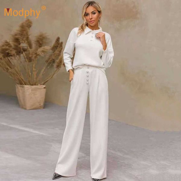 

winter women's casual 2 two-piece set lapel long sleeve single breasted + high waist straight pants fashion suit 210527, White