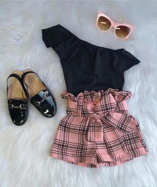 

clothing sets 2-7y toddler baby girls clothes one shoulder ruffles t shirts plaid print bow shorts 2pcs, White