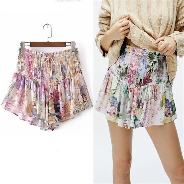 

za floral print women short high waist casual cottagecore elastic adjustable drawstrings summer woman shorts, White;black