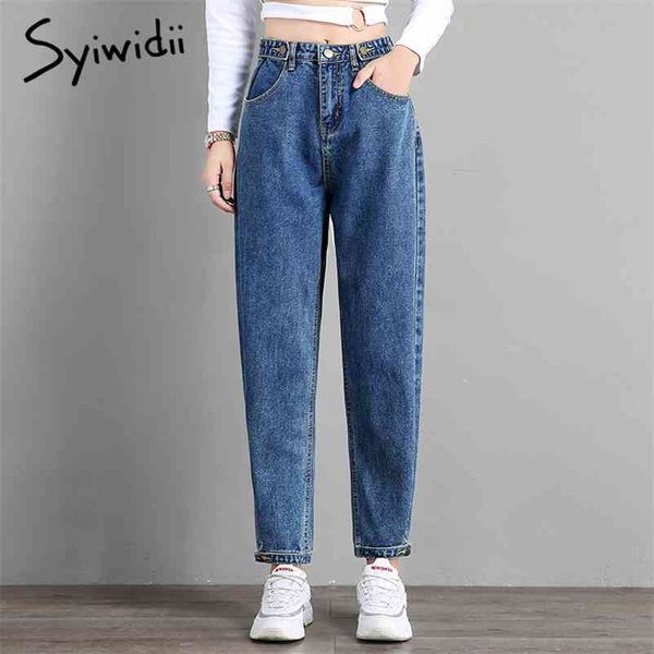 Jeans a vita alta Snow Wash mom jeans Button Bleached Harem Pants denim sciolto Vintage Coated Casual moda coreana vita larga 210322
