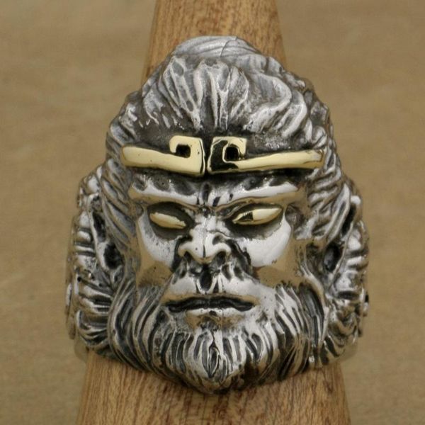 

cluster rings chinese monkey king wukong ring 925 sterling silver mens biker rock punk style 9m018 us size 9~11, Golden;silver
