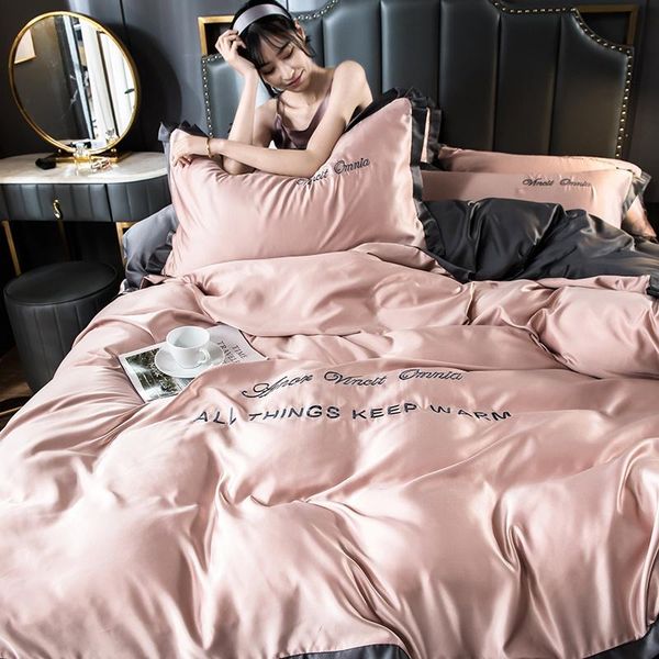 

bedding sets solid color embroidered comforter cover set silky duvet bedsheet pillowcase 4pcs silk satin fitted sheets linens