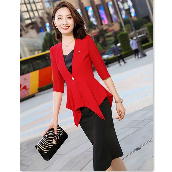

two piece dress 2021 business suit for women skirt red irregular three-quarter sleeve slim-fit v neck collar blazer two-piece set, White