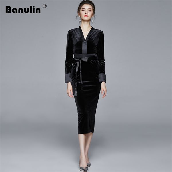 

banulin runway autumn winter black velvet dress women v-neck sashes bow long sleeve bodycon evening party dresses 210603, Black;gray