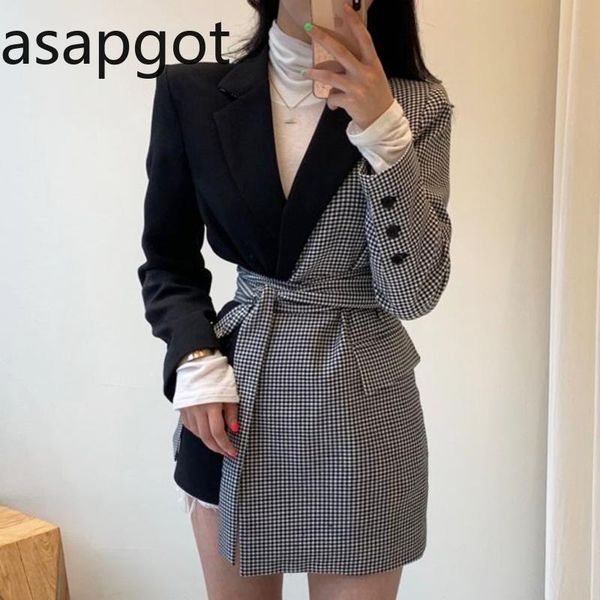 

wild korean chic vintage plaid stitching irregular lace up full blazer feminino women jacket casual coat with belt women's suits & blaz, White;black