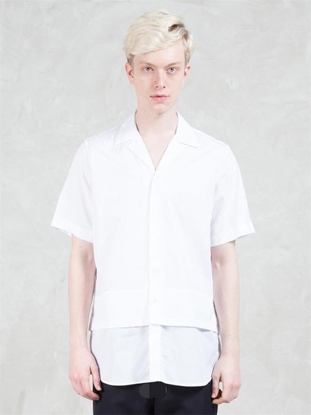

men's casual shirts summer hair stylist pure white clean lapel fashion leisure short sleeve shirt places false two designs, White;black