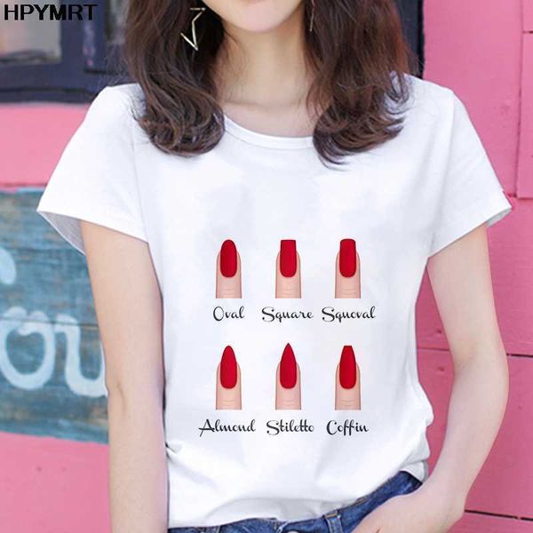 Novo Camiseta Moda Feminina Personalidade Nail Art Impressão Divertido Casual Verão Curto-Manga Harajuku Curto Mulheres T-shirt Feminino Tops X0628