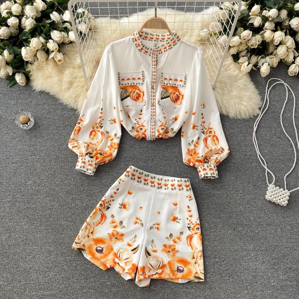 

women's tracksuits summer elegant floral print golden shorts set women long lantern sleeve pocket blouse and high waist 2 pieces suit b, Gray