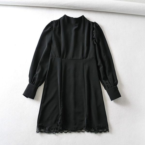 

casual dresses 2021 spring frilly lace long vintage sleeve loose black women's, Black;gray