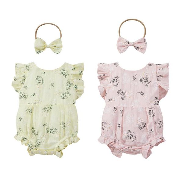 

rompers born infant baby girls clothes set kids sleeveless ruffle romper jumpsuit + headband suit clothing 0-12m, Blue