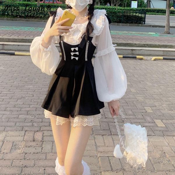 

casual dresses autumn cute patchwork strap dress women lace japanese style kawaii lolita female korean sweet party mini 2021, Black;gray