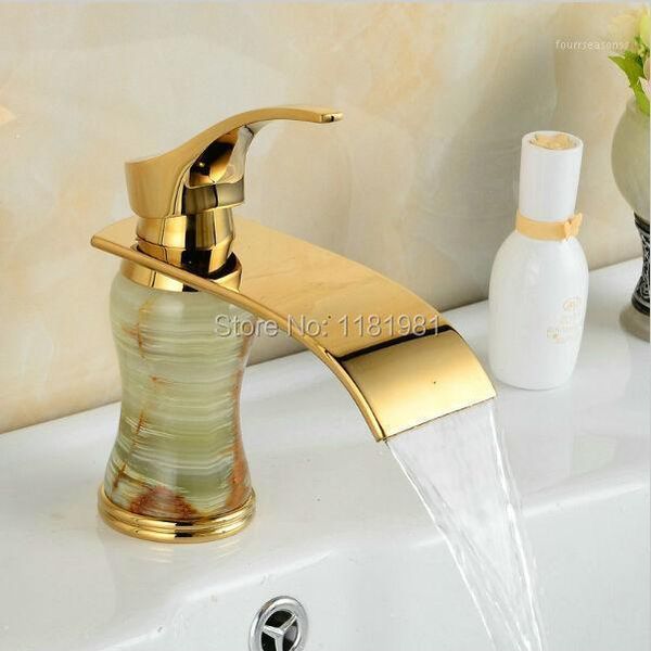 

bathroom sink faucets gold plated luxury single hole green body made in natural jades waterfall basin 10121