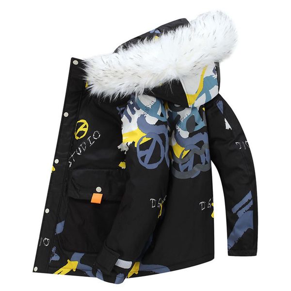 

2021 winter new men's short down et youth thickened large wool collar hooded couple work coat, Black