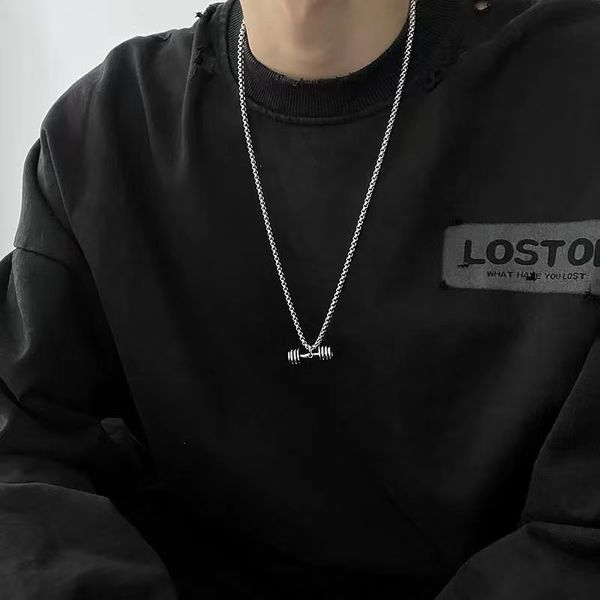 

street hip-hop fitness dumbbell titanium steel chain necklace male ins cool fashion personality simple wild long sweater chains, Silver