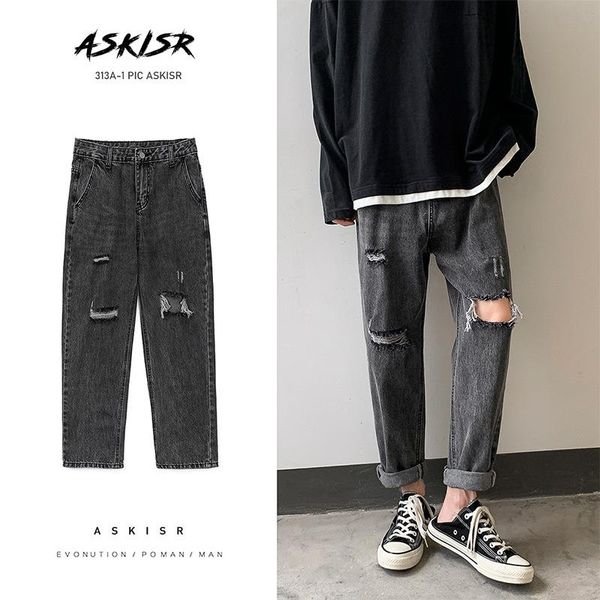 

wholesale 2021 denim ripped jeans men's straight loose korean wild ankle length pants brand summer thin teenagers harem, Blue
