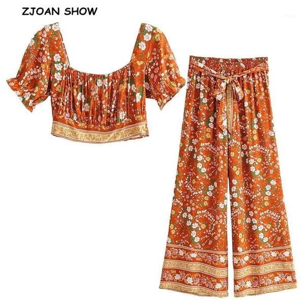 

bohemian ruched elastic slash neck tank crop women waist wide leg pants camis holiday 2 pieces set two piece dress, White