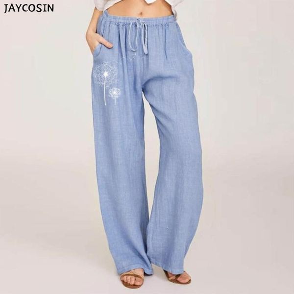 

women's pants & capris 2021 women casual solid floral printing cotton linen drawstring elastic waist long wide leg trouse, Black;white
