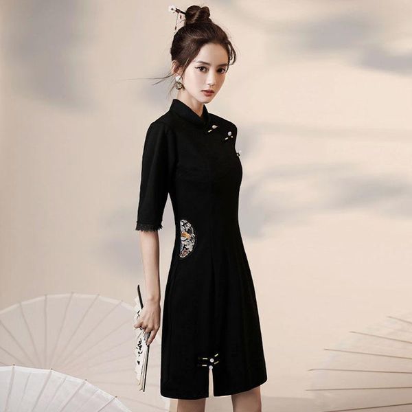 

ethnic clothing vintage vestidos improved black qipao classic appliques elegant cheongsam traditional mandarin collar chinese dresses party, Red