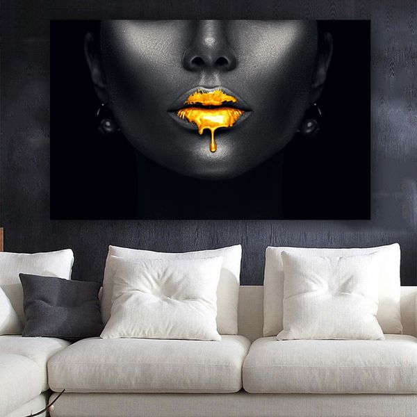 Tela de arte moderna pintura de mulheres africanas lábios de ouro Picturas de parede para cartazes de lona de parede da sala de estar e imprime arte decorativa