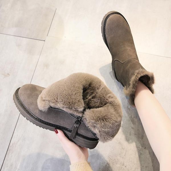 

boots platform suede snow ankle warm plush lining faux fur edge chunky heel non slip rubber sole winer ladies footwear shoes, Black
