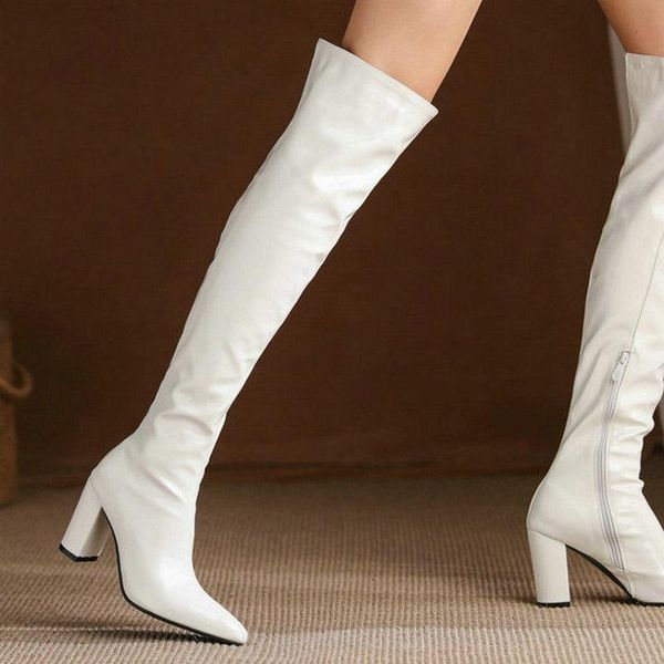 

boots 2021 women over the knee patent pu leather pointed toe square high heel ladies thigh side zipper fall winter, Black