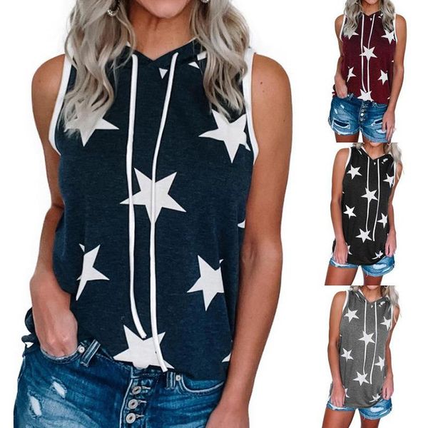 

women's t-shirt summer star print hooded vest top, White