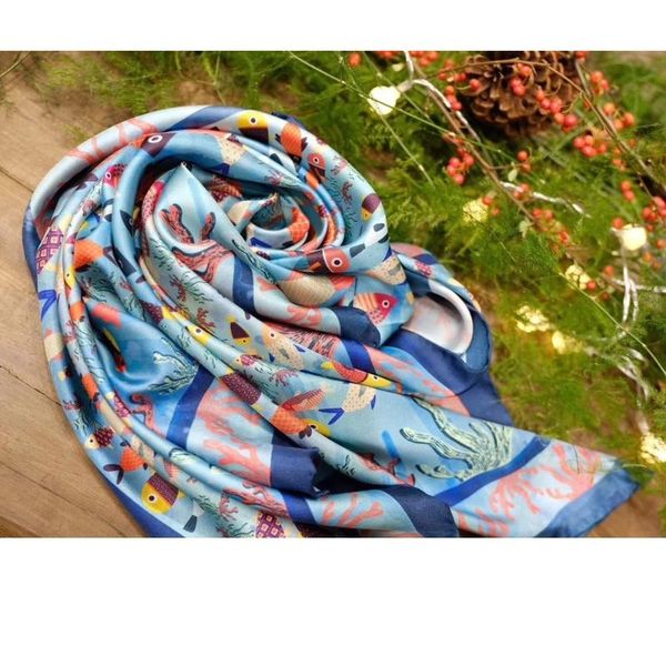

scarves high style digital printing 100% twill silk scarf shawl wraps foulard 35" x 35 grade hand rolled edges, Blue;gray